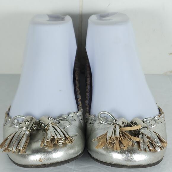 TORY BURCH Women's Reese US 6,5M Silver Leather Tassels Logo SlipOn Ballet Flats - Picture 4 of 16